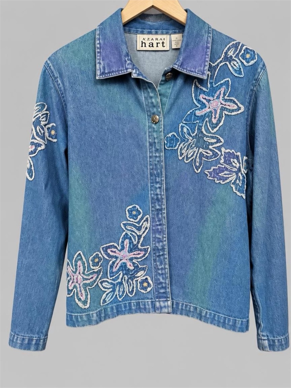 Vintage Keren Hart Light Denim Jacket L Floral Wearable Art 90s Y2K